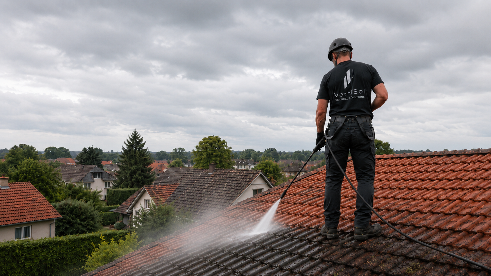 Pracovník VertiSol při čištění střechy